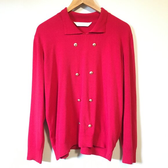 Vintage Candy Apple Red Knit Double Breasted Academic Sweater - Picture 3 of 12